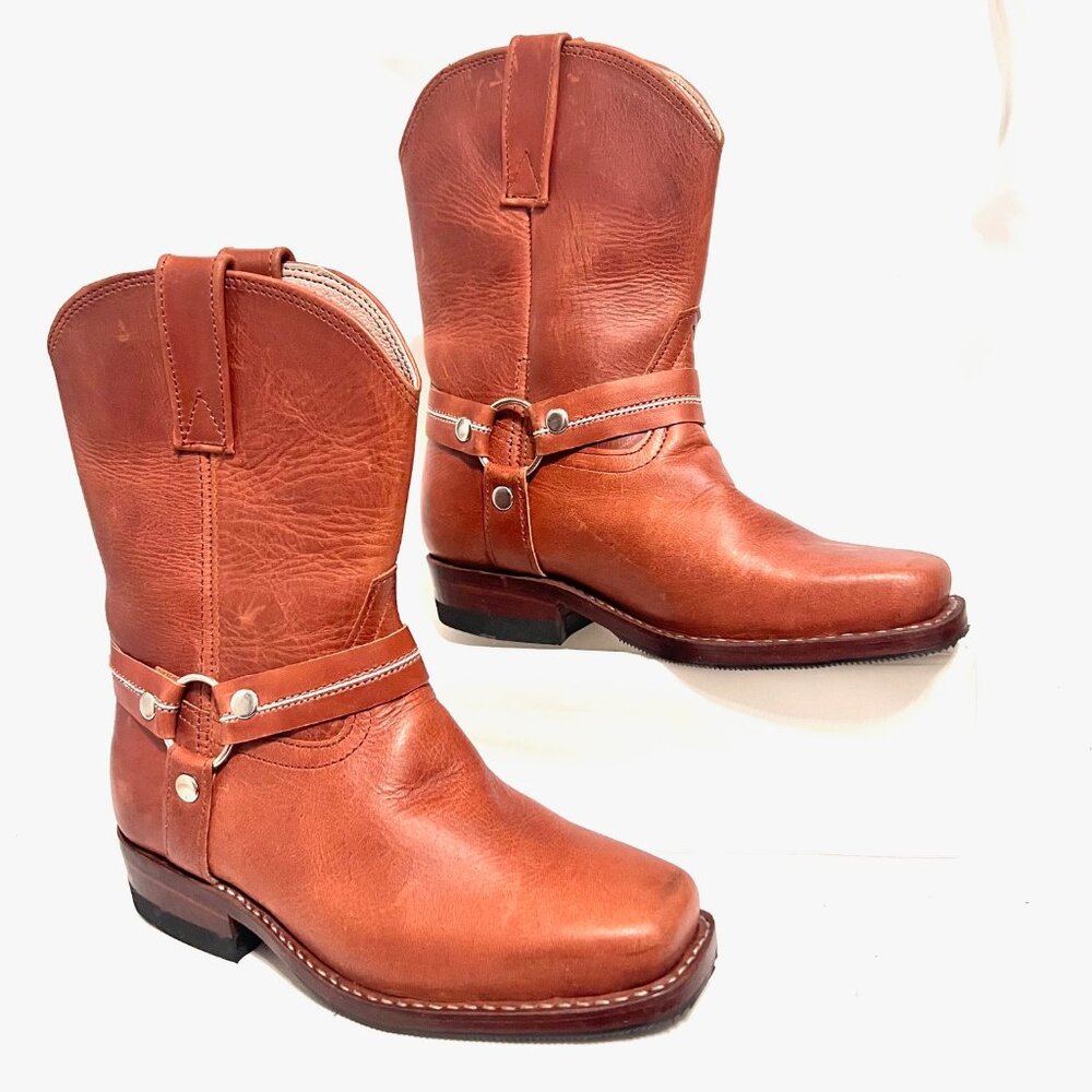 Kids Tan Leather Western Boots - Classic Pull-On Style